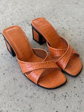 By far Women's Orange Block Heel Slide Sandals